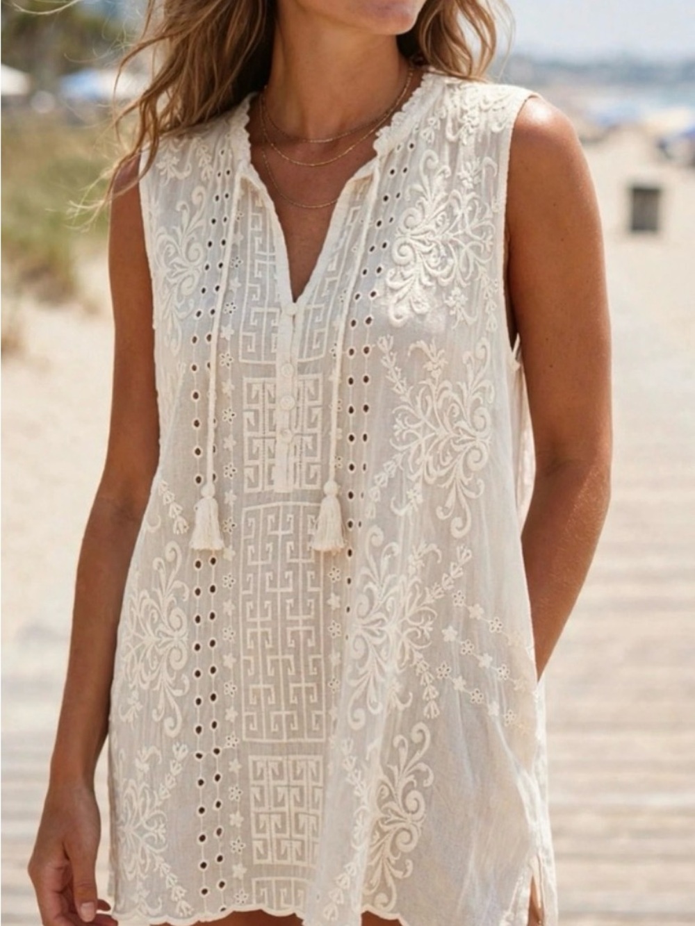 Johnny Was NWT Ivory Embroidered Sheer Tunic Tank Top - Eyelet Lace Boho Beach